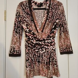 BCBG Wrap Pink Brown Floral Top Medium